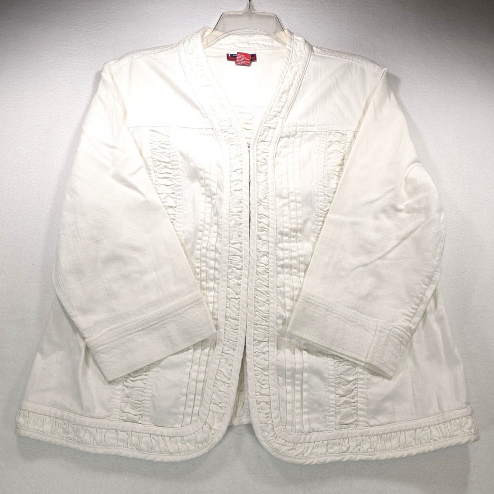 Westport Woman White Denim Ruffle Pleated Jacket Hook Eye Closure Size 18/20W